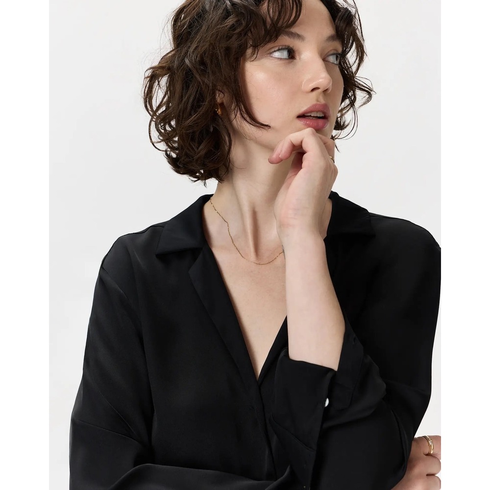 Quince Womens Black Washable Silk Stretch Notch Collar Button Down Blouse Size S